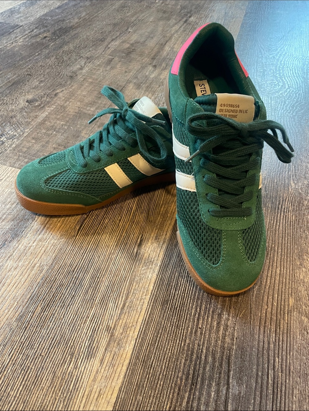 Steve Madden Green Suede & Mesh Sneakers with White Stripes and Pink Heel
